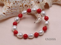 9mm Round Red Coral and White Pearl Bracelet