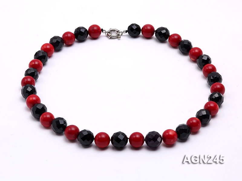 13mm Black Faceted and Red Round Agate Necklace