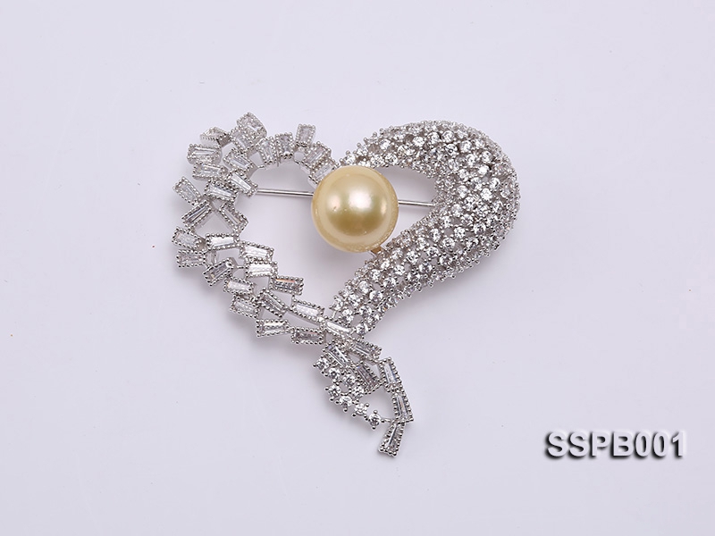 12mm South Sea Golden Pearl Brooch Set on Sterling Silver Bail with Zircons