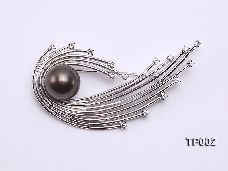 13.5mm Tahitian Black Pearl Brooch Set on Sterling Silver Bail with Zircons