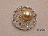 13mm Perfectly Round Golden South Sea Pearl Pendant with 18k Gold Bail, Diamonds & Emeralds