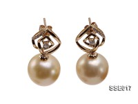 13mm Golden South Sea Pearl Earrings with 18k Gold Studs Dotted with Diamonds