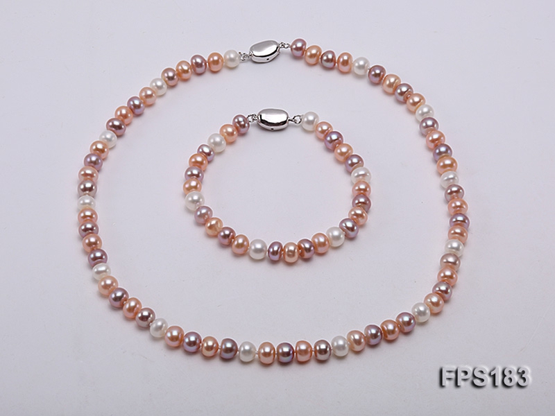 7-7.5mm Multi-color Flat Freshwater Pearl Necklace and Bracelet Set