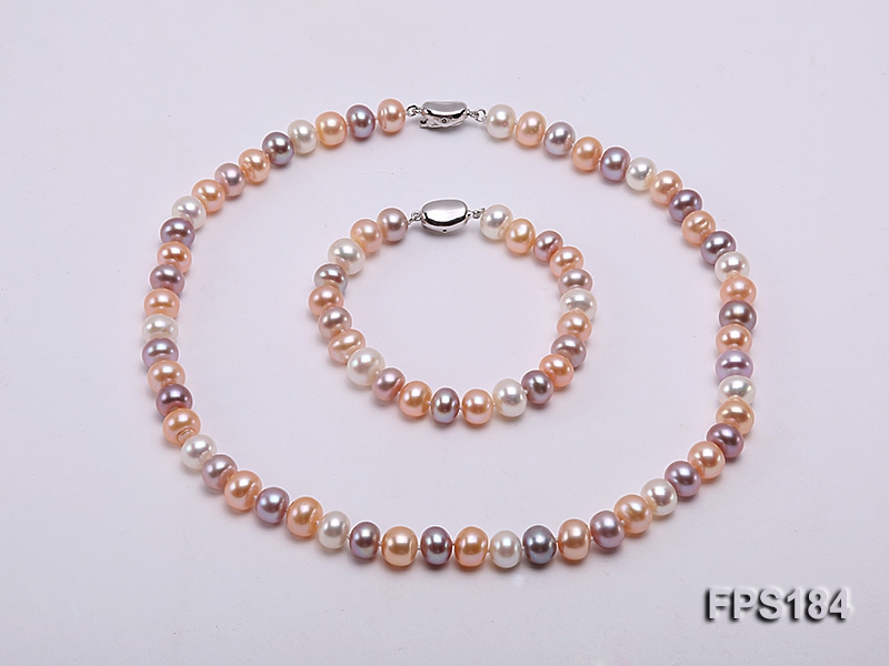 8.5-9mm Multi-color Flat Freshwater Pearl Necklace and Bracelet Set