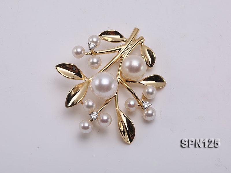 8.5mm Round White Akoya Pearl Brooch Set on Sterling 18K Gold  Bail with Diamond
