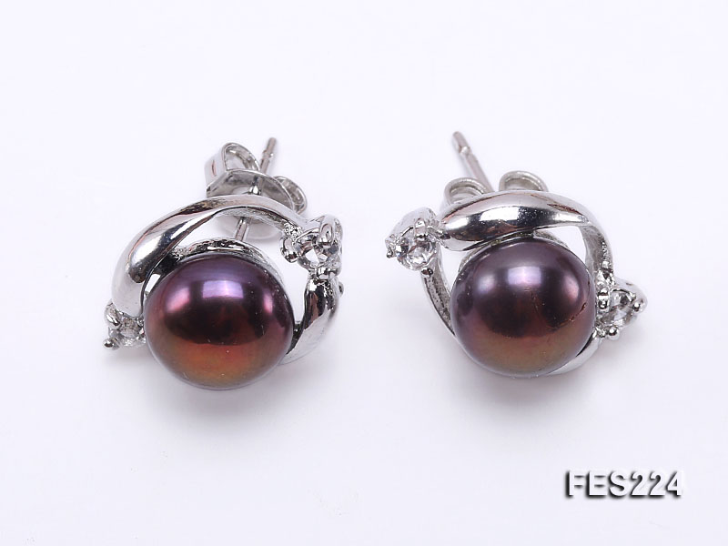 8mm Black Flat Freshwater Pearl Earrings