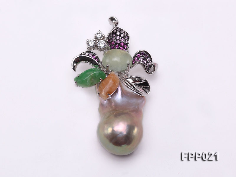 Fine Lavender Baroque Pearl Pendant with Prehnite and Jadeite