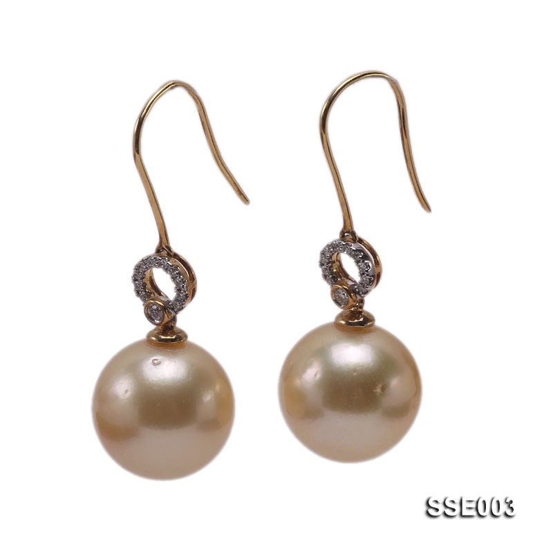 13mm Golden Round South Sea Pearl Earrings with 18k Gold and Diamond