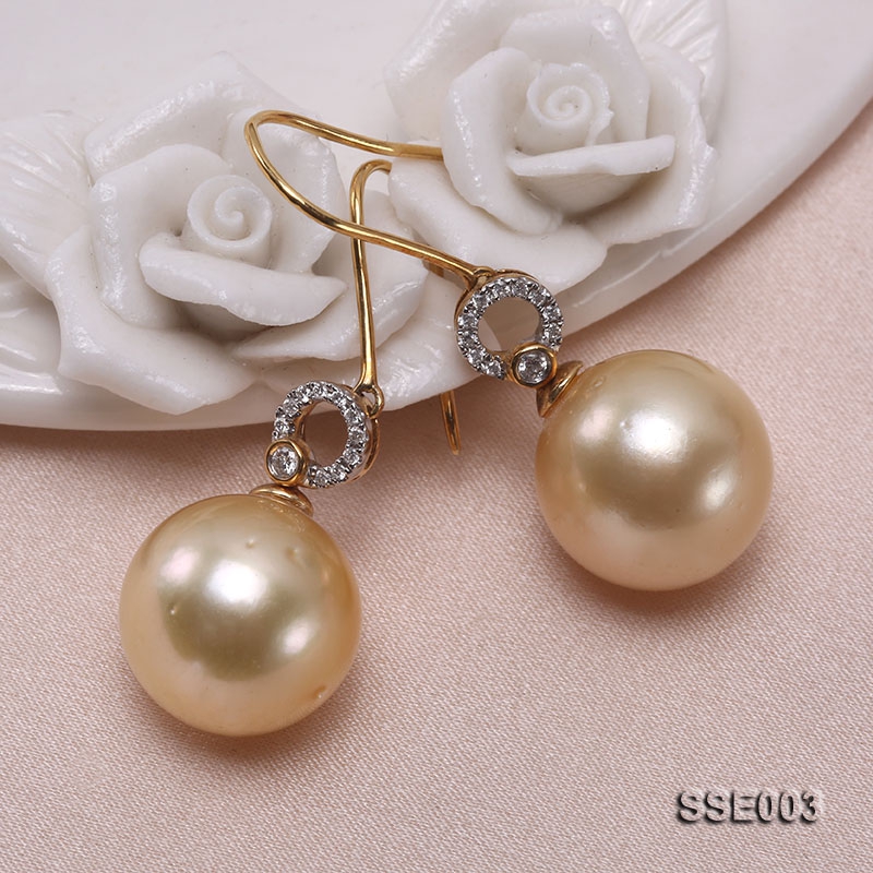13mm Golden Round South Sea Pearl Earrings with 18k Gold and Diamond
