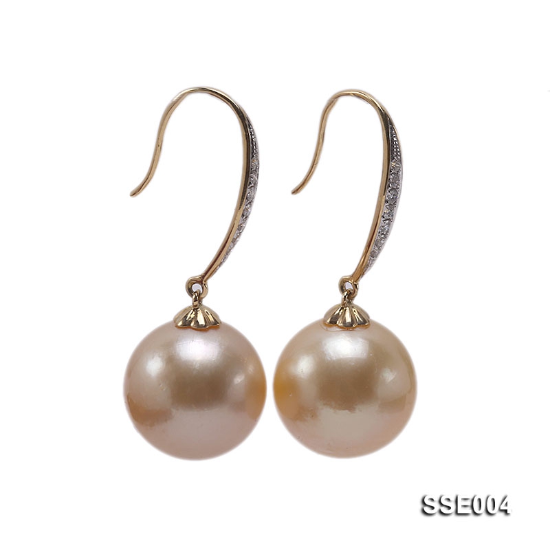13.2mm Golden Round South Sea Pearl Earrings with 18k Gold and Diamond