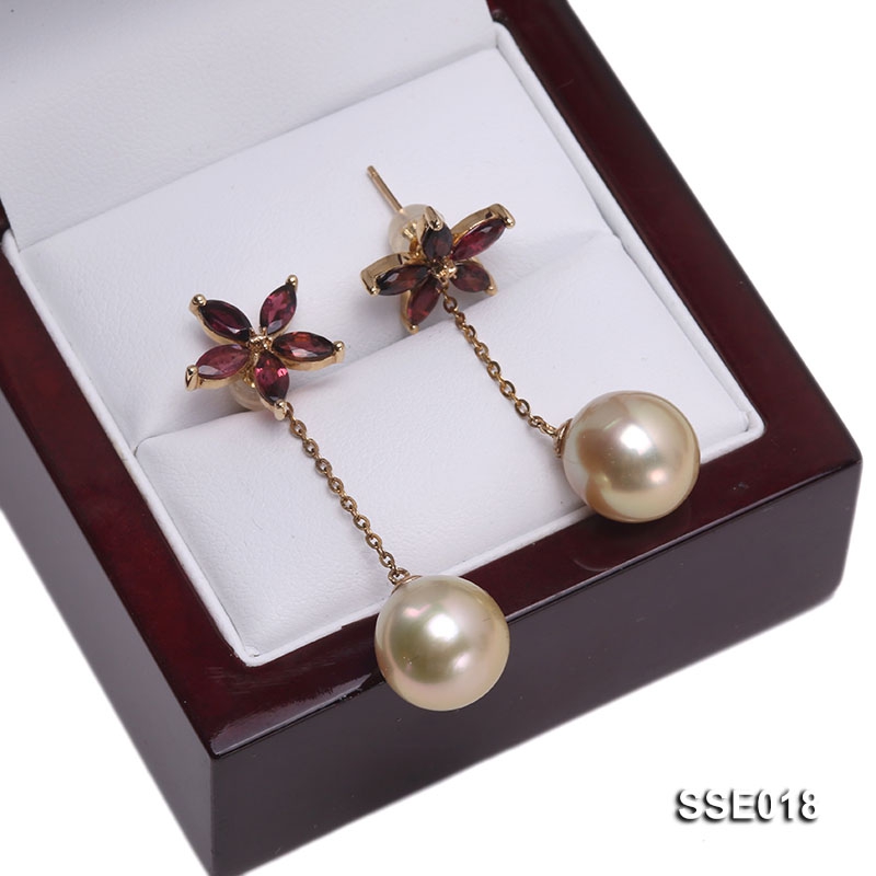 11.5mm Golden Round South Sea Pearl Earrings in 14k Gold