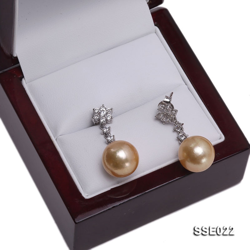 12mm Golden South Sea Pearl Earrings with Silver Hooks
