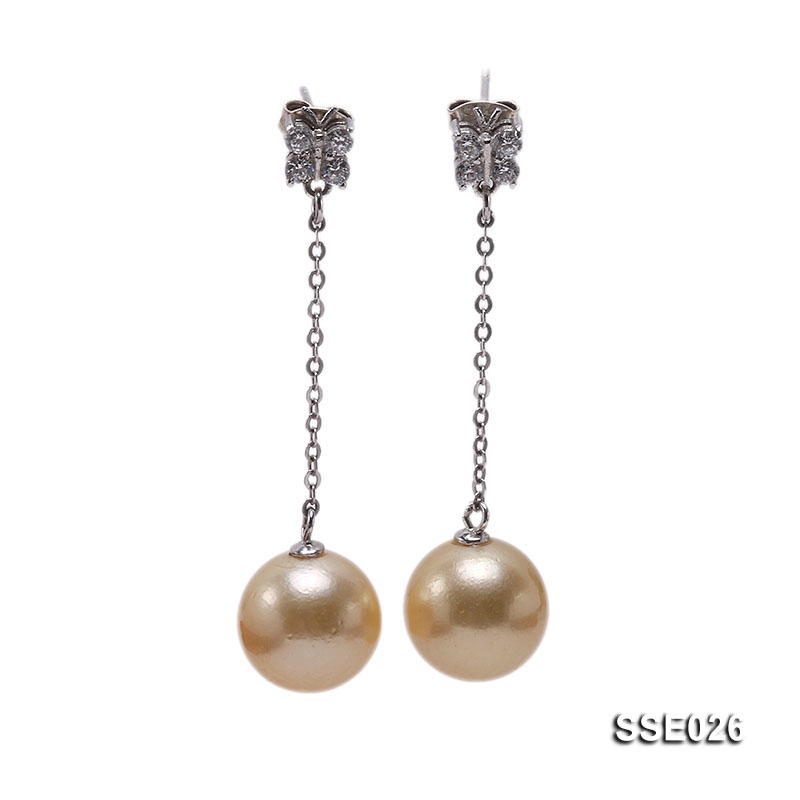 13mm Golden South Sea Pearl Earrings with Silver Hooks
