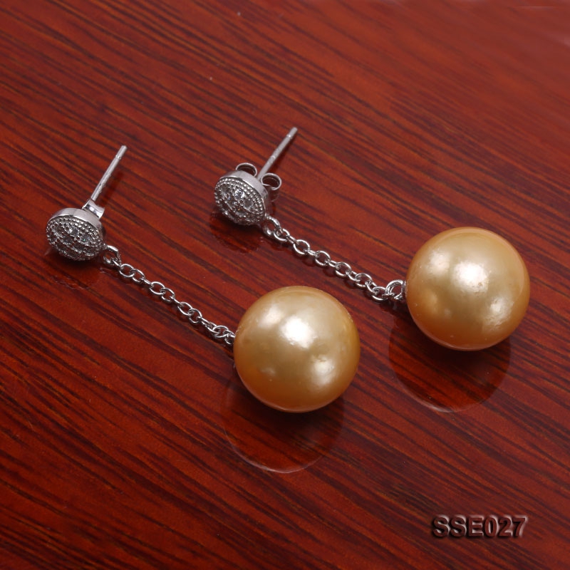 12.2mm Golden South Sea Pearl Earrings with Silver Hooks