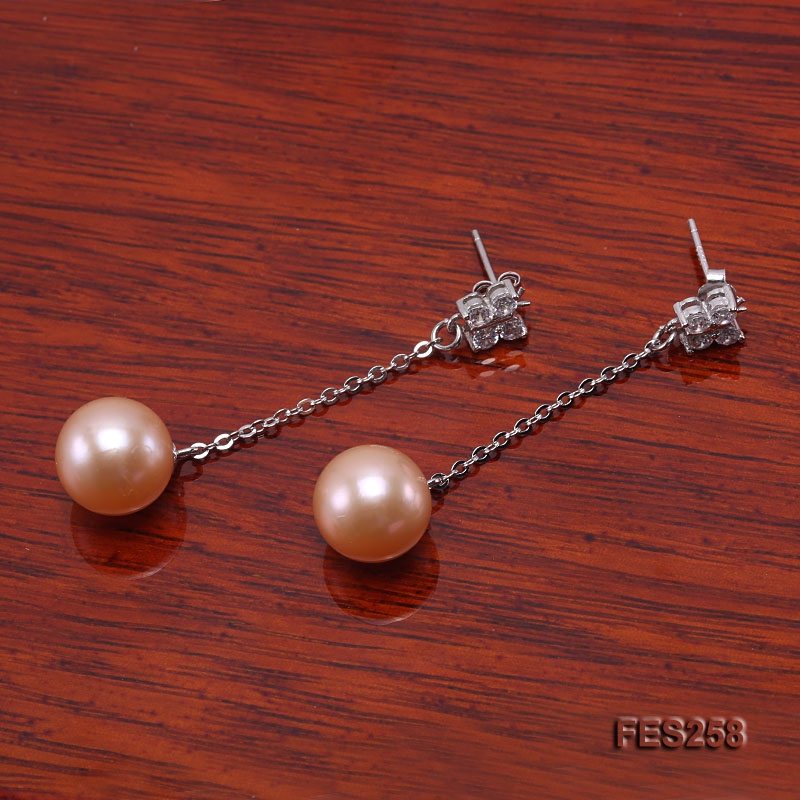 11mm Pink Round Freshwater Pearl Dangling Earrings
