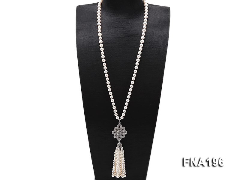 9-10mm White Round Pearl Opera Necklace with Pearl Tassels