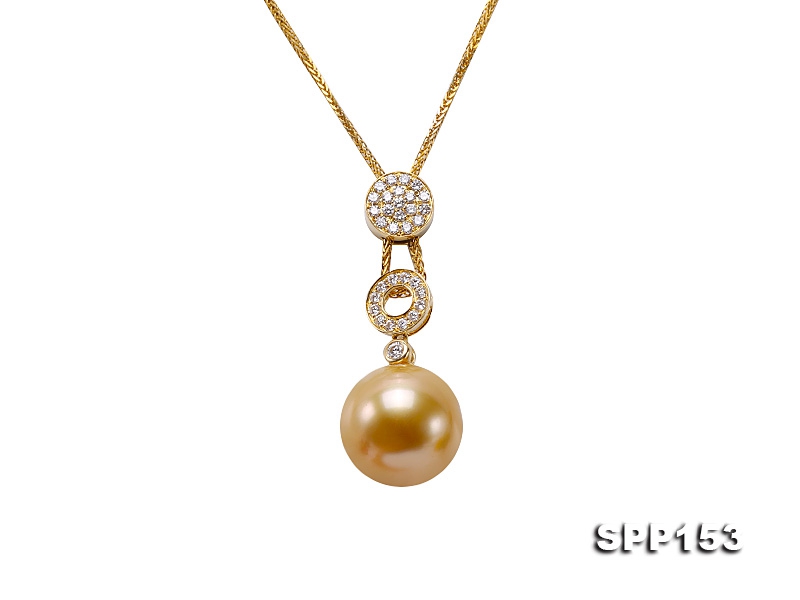 14mm Golden Round South Sea Pearl Pendant with 18k Gold and Diamond