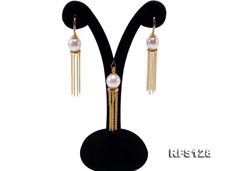 9x10mm White Oval Freshwater Pearl Tassel Earrings and Pendant Set