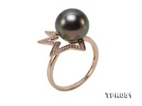 Exquisite 10.5mm Peacock Round Tahiti Pearl Ring in 14k Gold