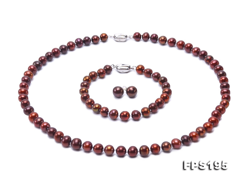 7-8.5mm Flatly Round Brown Freshwater Pearl Necklace Bracelet Earring Set