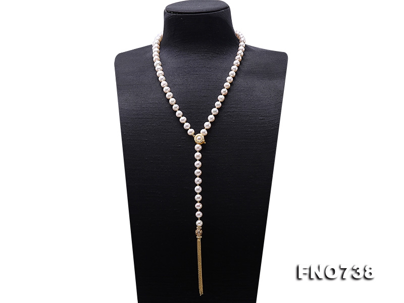Adjustable Length 8.5-10mm White Round Pearl Necklace with Tassel