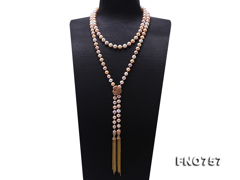 Adjustable Length 9-9.5mm Multi-color Round Pearl Necklace with Tassel