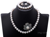 Classical 9.5-12.5mm White Pearl Necklace Bracelet Earring Brooch Set