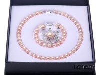 Classical 9.5-13mm Pink Pearl Necklace Bracelet Earring Brooch Set
