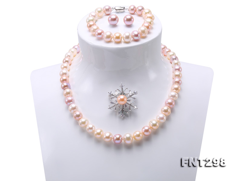 Classical 9.5-11.5mm Multicolor Pearl Necklace Bracelet Earring Brooch Set