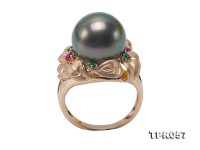 Luxurious 12.5mm Peacock Round Tahiti Pearl Ring in 14k Gold