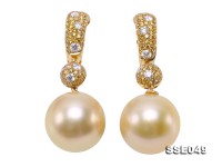 Collection Level Huge 16-16.5mm Golden South Sea Pearl Earrings in 18k Gold & Diamond