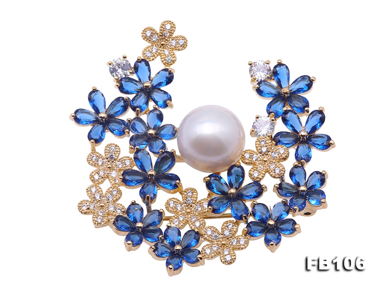 Blue Zircon Flower Brooch with 12mm White Edison Pearl