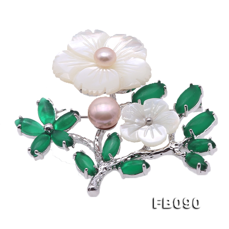 Delicate Shell Flower Green Crystal & 8.3mm Freshwater Pearl Brooch