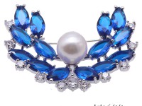 Blue Zircon and 12.5mm White Edison Pearl Brooch