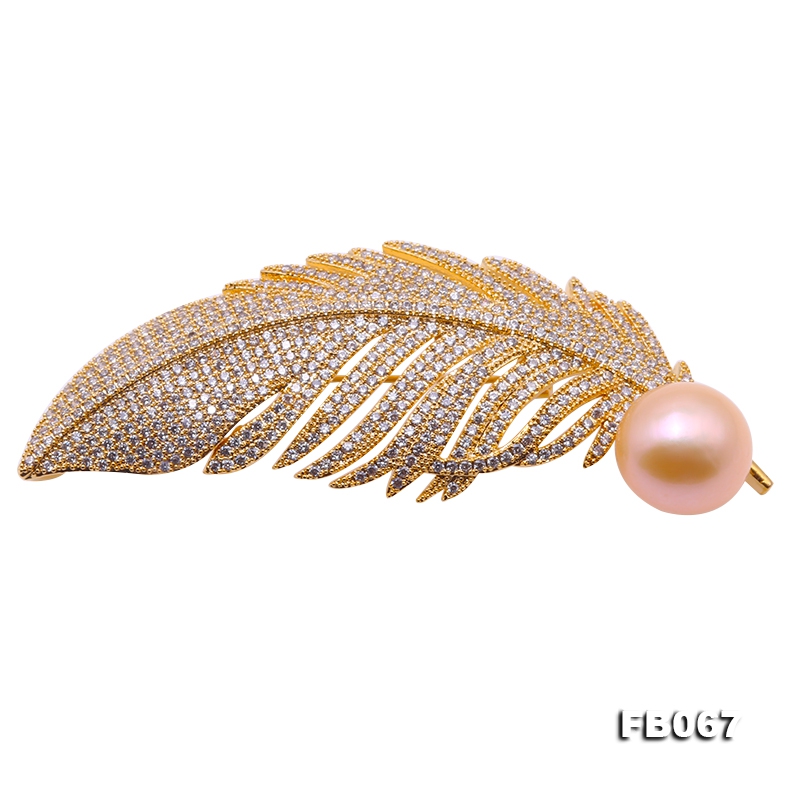 Elegant Feather-shape Zircon-inlaid Pink Freshwater Pearl Brooch