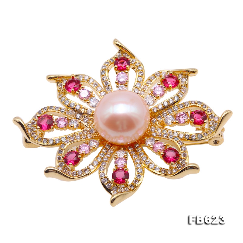 Delicate Zircon-Flower & 13.5mm Pink Pearl Brooch
