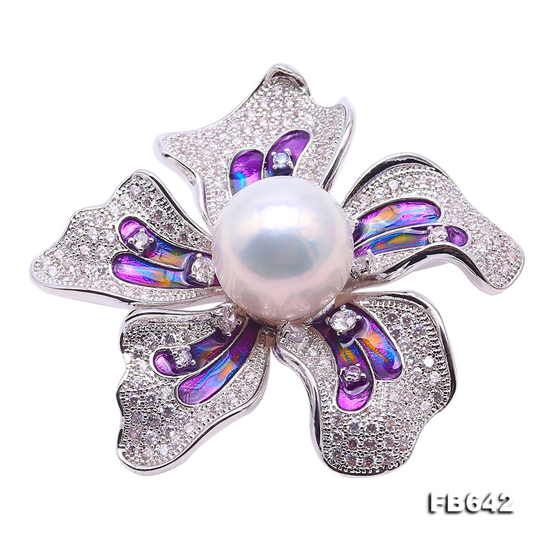 Bright Zircon Flower Brooch with 14.5mm White Edison Pearl
