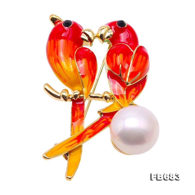 Exquisite 13.5mm Colorful Lovebirds Pearl Brooch