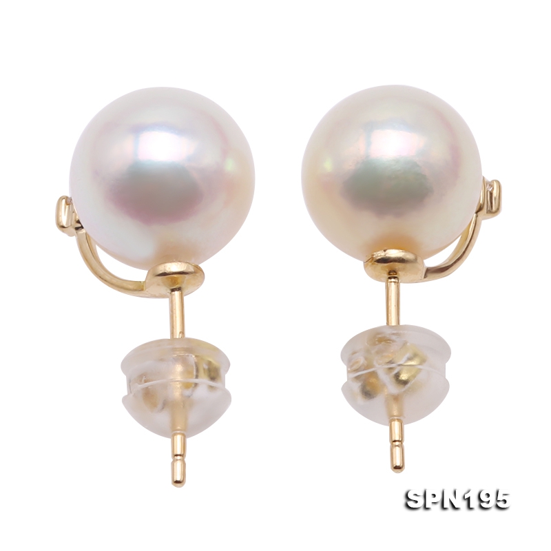 Fine 18K Gold 9mm Akoya Cultured Pearl Earring Studs Dotted with Diamonds