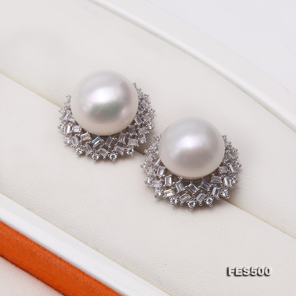 Huge 13-13.5mm White Freshwater Cultured Pearl Stud Earrings 925S