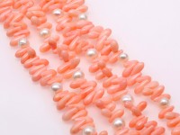 Elegant Long Pink Coral Beads and White Freshwater Cultured Pearl Necklace
