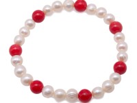Chic White Freshwater Cultured Pearl and Red Coral Bracelet